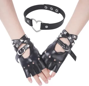 Women Half Fingerless Rivets Gloves PU Leather Dance Jazz Style Punk Gloves with Choker Necklace
