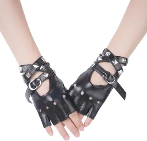 Women Half Fingerless Rivets Gloves PU Leather Dance Jazz Style Punk Gloves with Choker Necklace