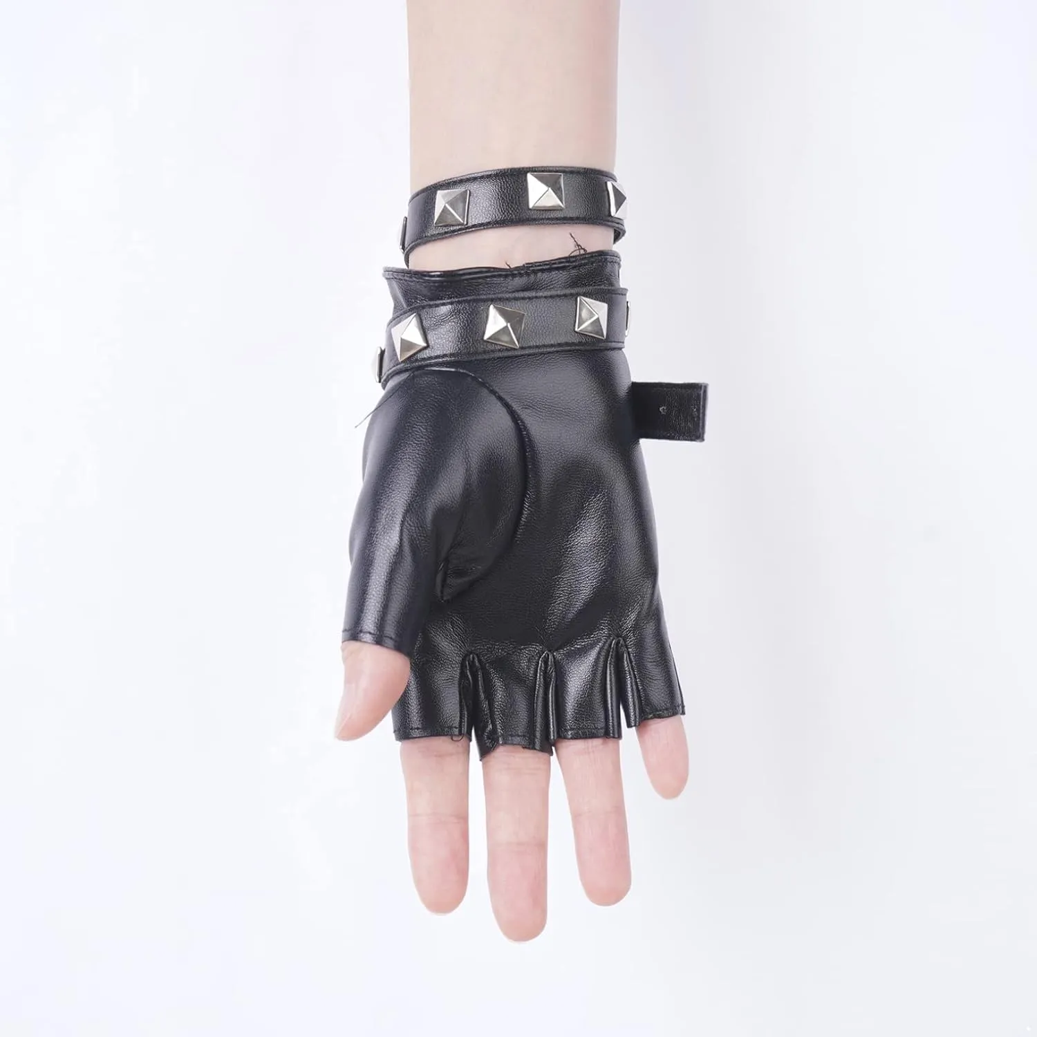 Women Half Fingerless Rivets Gloves PU Leather Dance Jazz Style Punk Gloves with Choker Necklace