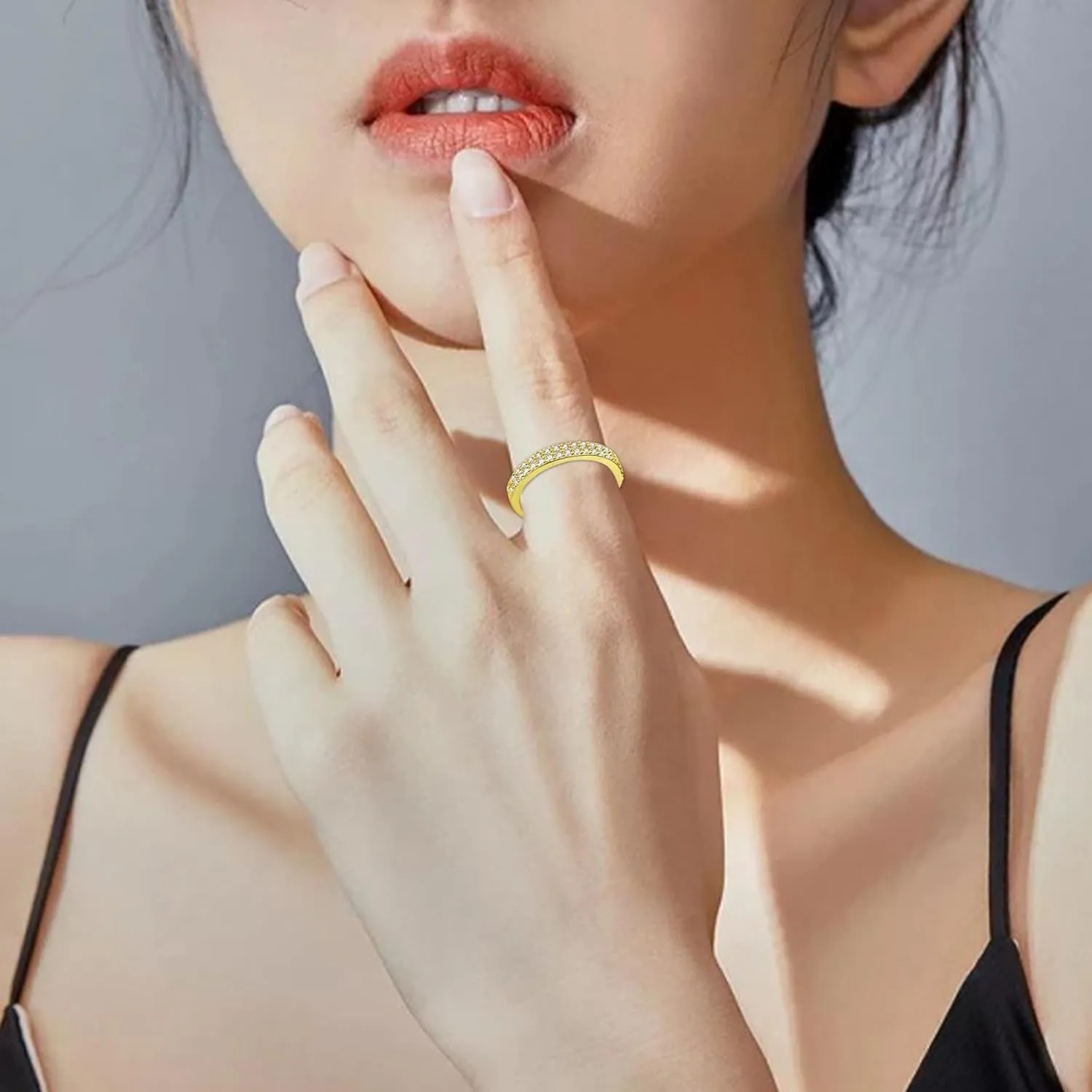 Women Inlaid Zircon Wedding Band Adjustable Opening Ring Simulated Diamond Anniversary Ring Minimalist Design Rings (Gold, One Size)