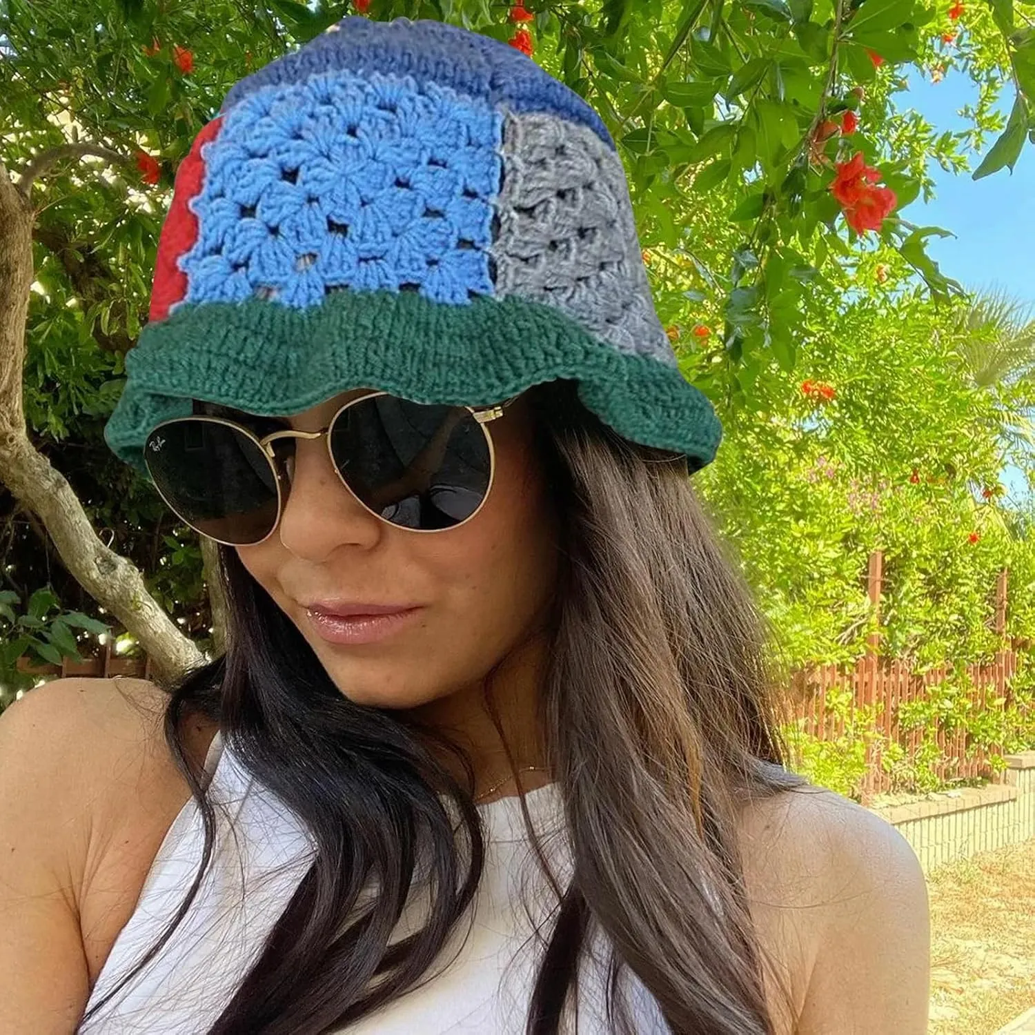 Women Knit Hat Crochet Bucket Hat Fish Hat Handmade Floppy Knitted Hats Floral Bohemian Casual Beach Hat