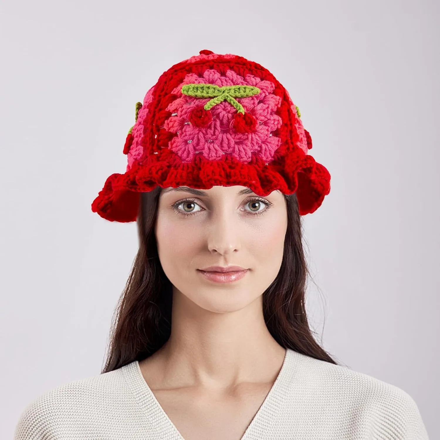 Women Knit Hat Crochet Bucket Hat Fish Hat Handmade Floppy Knitted Hats Floral Bohemian Casual Beach Hat