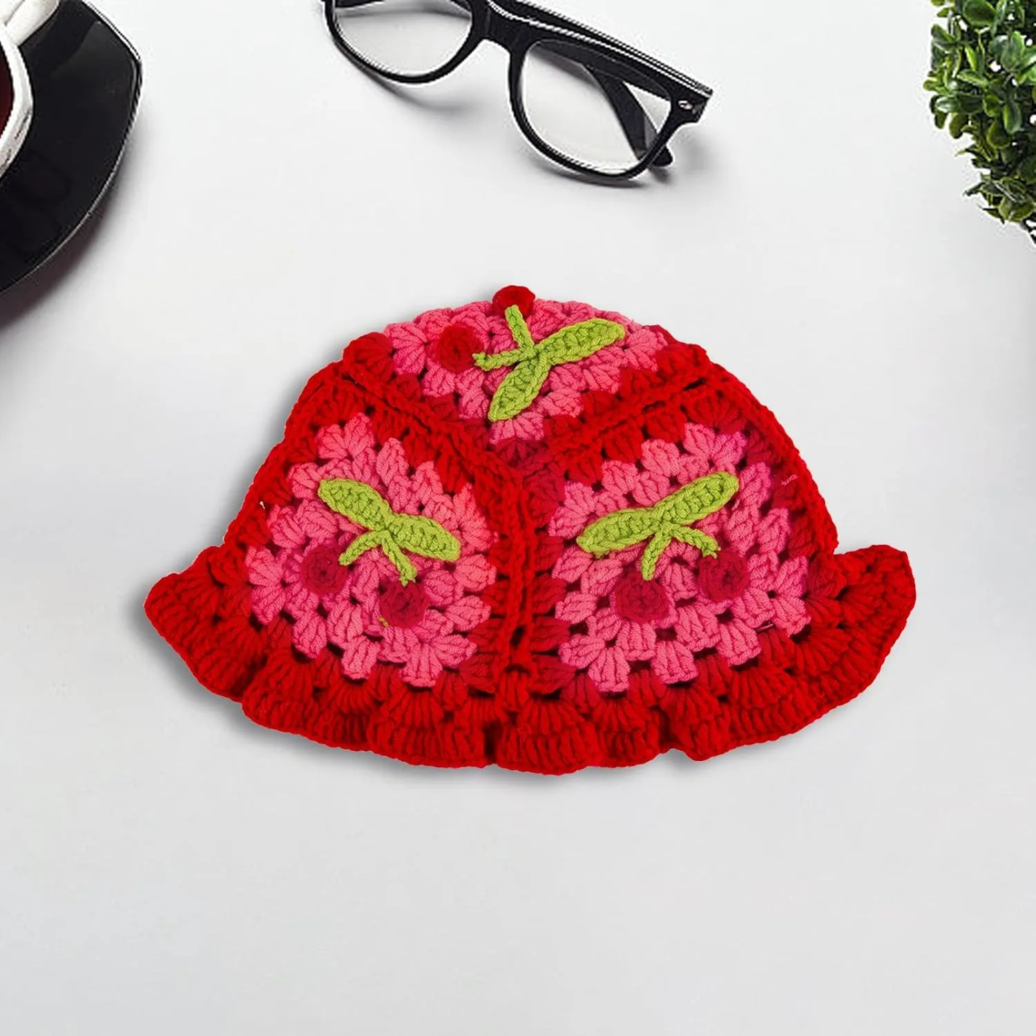 Women Knit Hat Crochet Bucket Hat Fish Hat Handmade Floppy Knitted Hats Floral Bohemian Casual Beach Hat