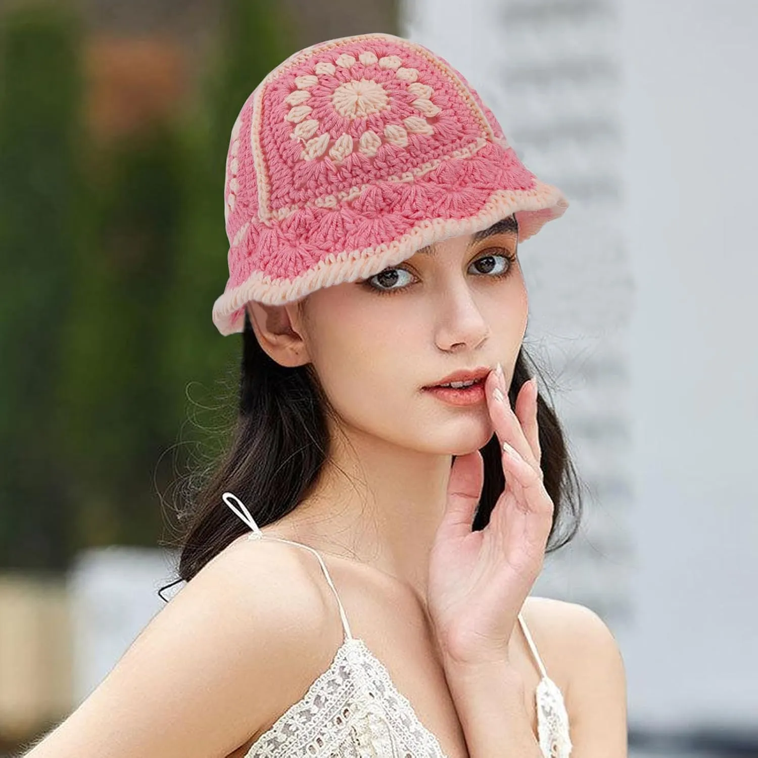 Women Knit Hat Crochet Bucket Hat Fish Hat Handmade Floppy Knitted Hats Floral Bohemian Casual Beach Hat