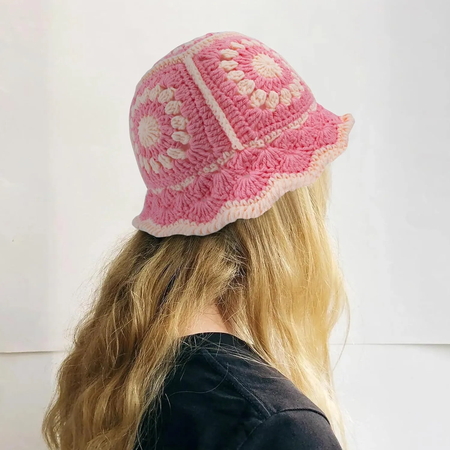 Women Knit Hat Crochet Bucket Hat Fish Hat Handmade Floppy Knitted Hats Floral Bohemian Casual Beach Hat