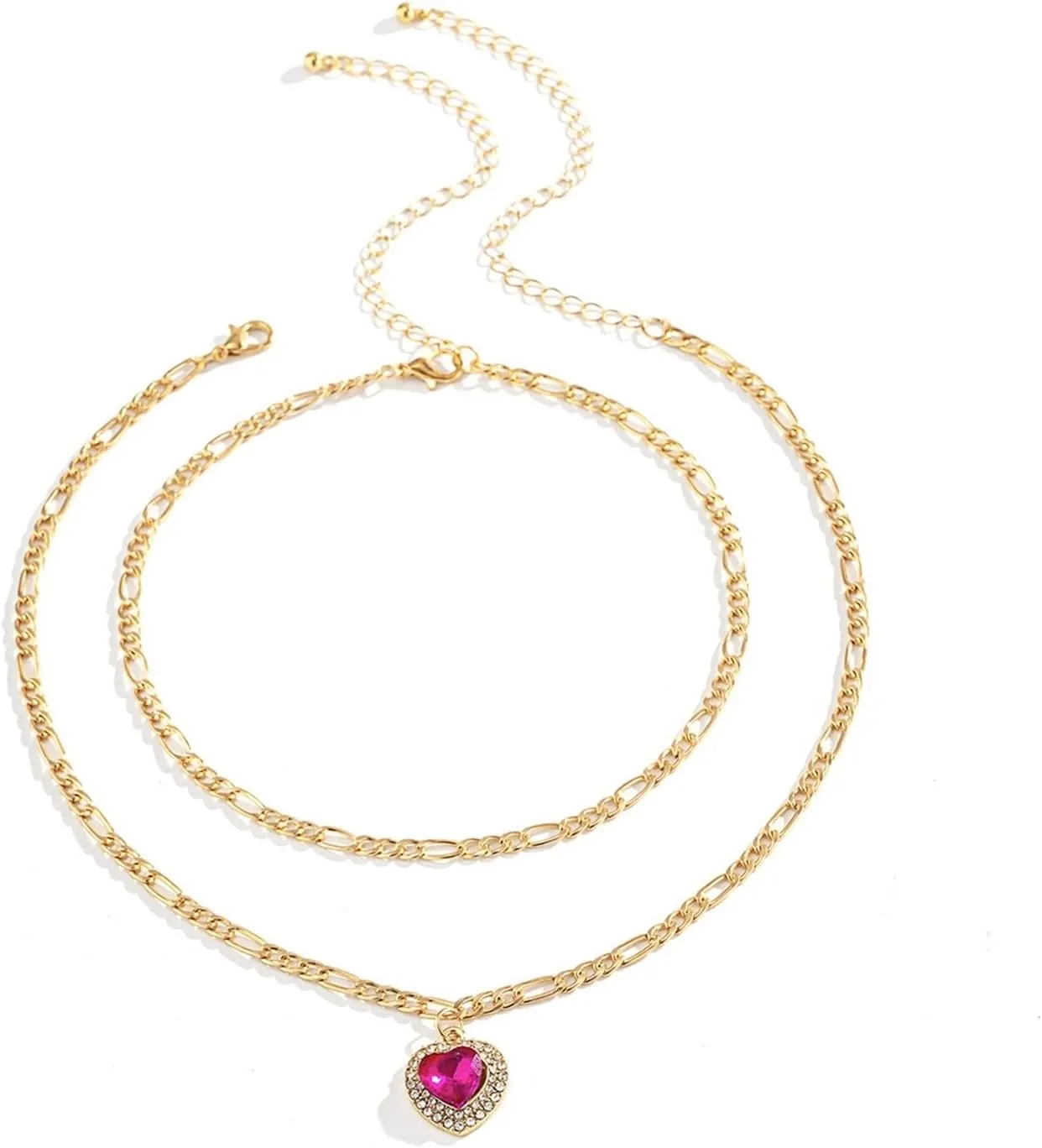 Women Layered Necklace, Cubic Zirconia Layer Necklaces for Women 2 Layer Rose Red Heart Cubic Zirconia Heart Shaped Gemstone Design Womens Jewlry