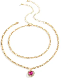 Women Layered Necklace, Cubic Zirconia Layer Necklaces for Women 2 Layer Rose Red Heart Cubic Zirconia Heart Shaped Gemstone Design Womens Jewlry