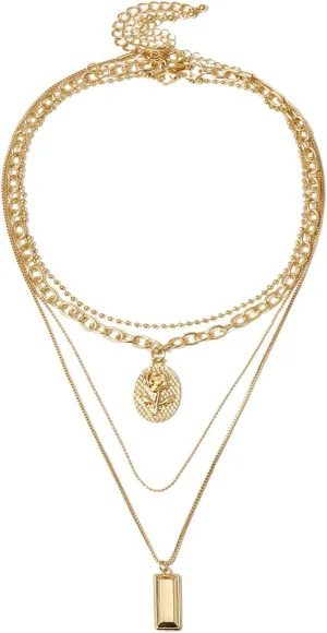 Women Layered Necklace, Flower Ball Chain 4 Layered Gold Stackable Necklaces