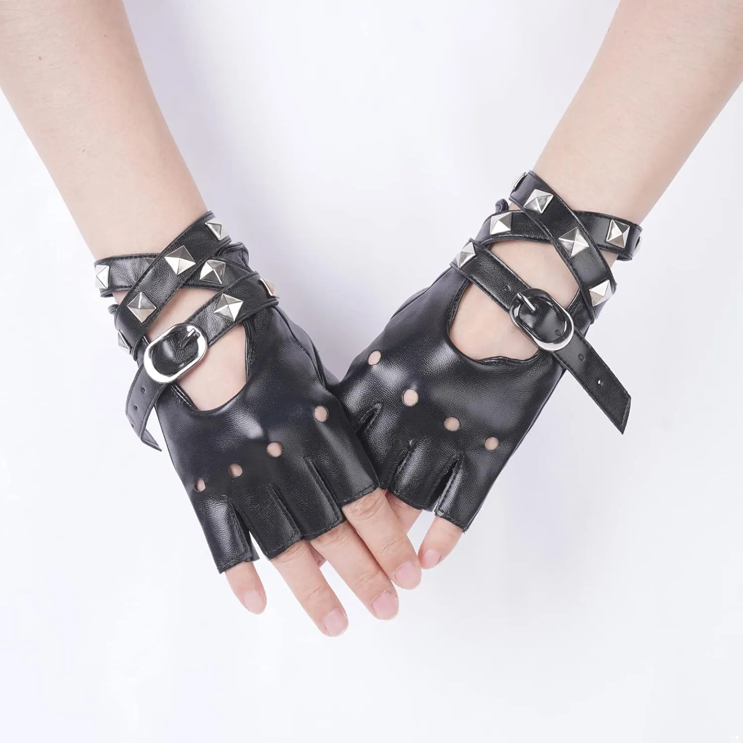Women Leather Choker Collar Gothic Punk Rock Half Finger Rivets Gloves Adjustable Neck Collar for Halloween Costume