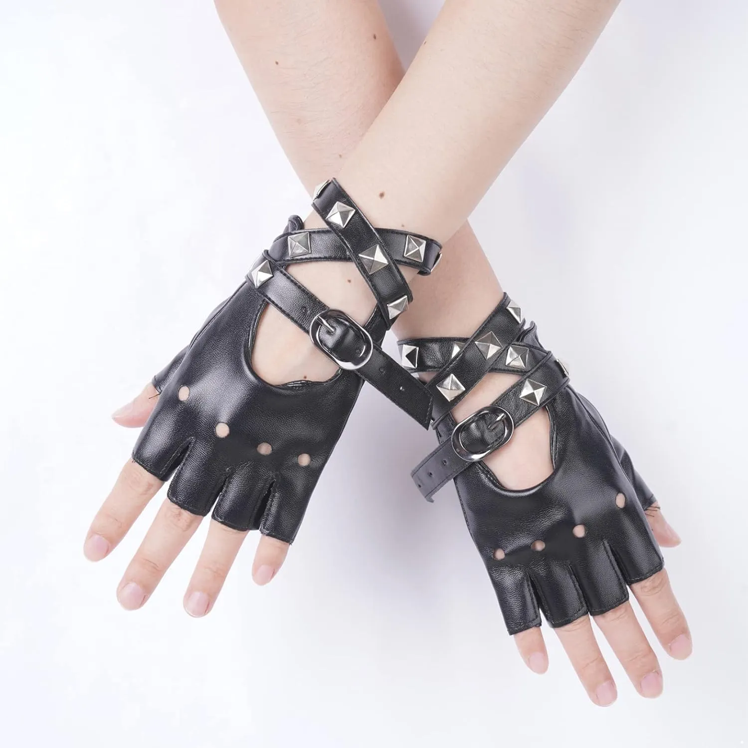 Women Leather Choker Collar Gothic Punk Rock Half Finger Rivets Gloves Adjustable Neck Collar for Halloween Costume