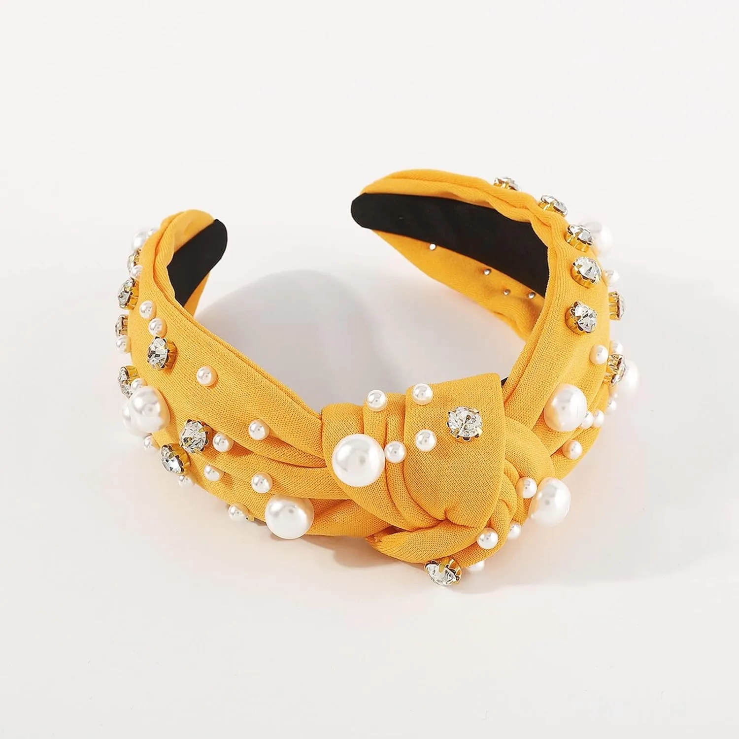 Women Pearls Hair Hoops Solid Color Hairband Wide Bride Headbands Headpieces Fashion Ladies Hair Accessories (Yellow, One Size)