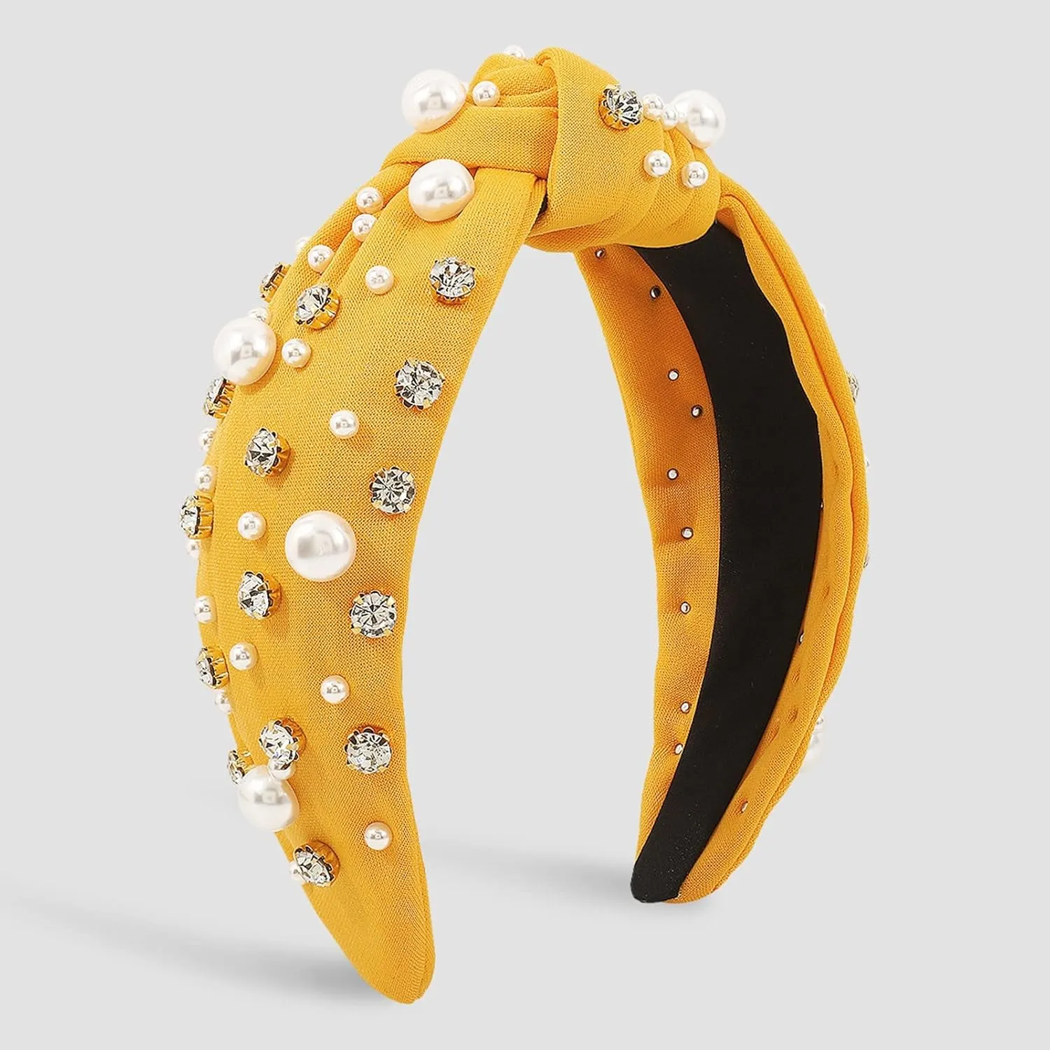 Women Pearls Hair Hoops Solid Color Hairband Wide Bride Headbands Headpieces Fashion Ladies Hair Accessories (Yellow, One Size)