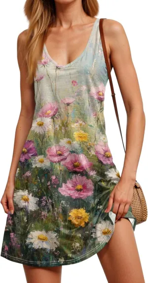 Women Summer Dresses Casual Sleeveless Dress with Pocket Vacation 2025 Swimsuit Coverup Beach Printed Sundress
