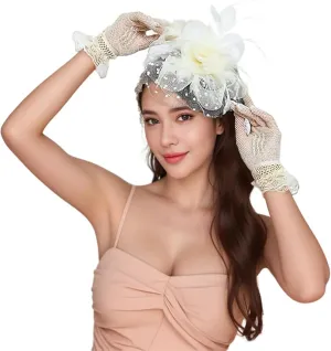 Women's 2 Pack Wedding Tea Party Fascinator Hat and Lace Gloves Fasciantors with Headband and Clip