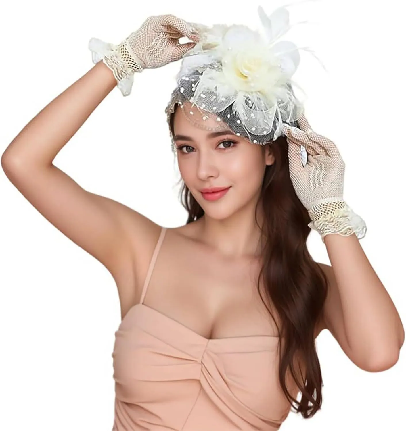 Women's 2 Pack Wedding Tea Party Fascinator Hat and Lace Gloves Fasciantors with Headband and Clip