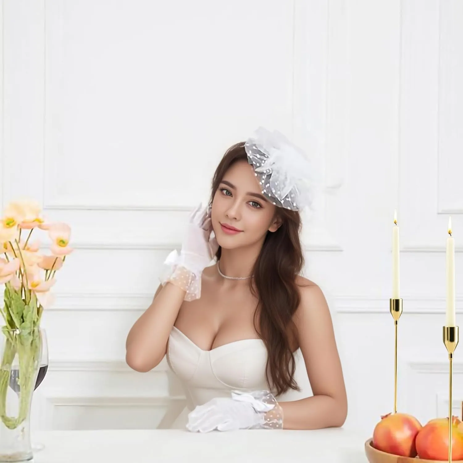 Women's 2 Pack Wedding Tea Party Fascinator Hat and Lace Gloves Fasciantors with Headband and Clip