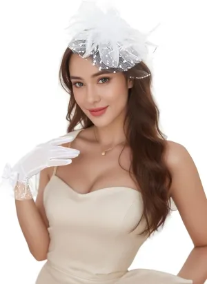 Women's 2 Pack Wedding Tea Party Fascinator Hat and Lace Gloves Fasciantors with Headband and Clip