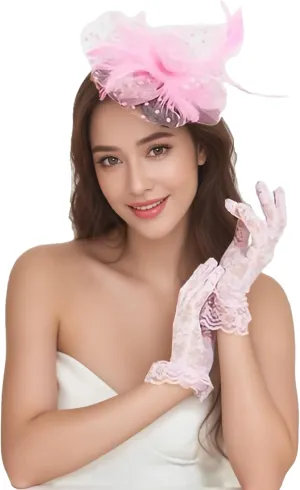 Women's 2 Pack Wedding Tea Party Fascinator Hat and Lace Gloves Fasciantors with Headband and Clip