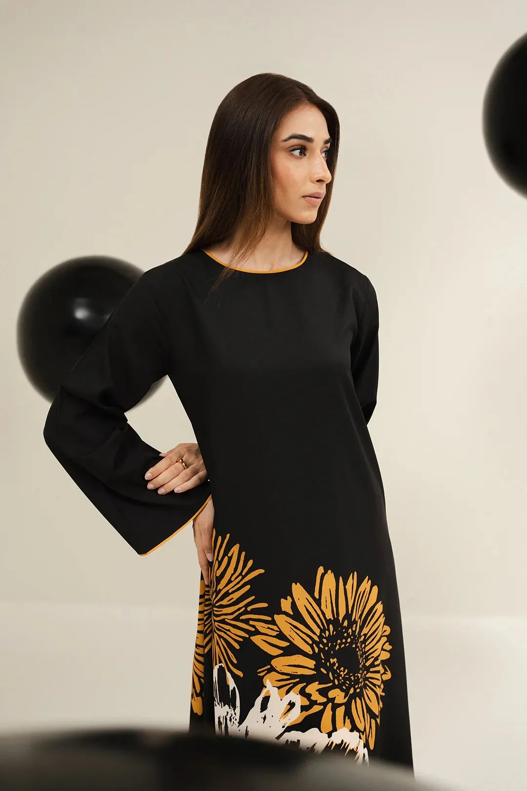 Women's Black Korean BSY Floral Printed Dress - BlackBeads