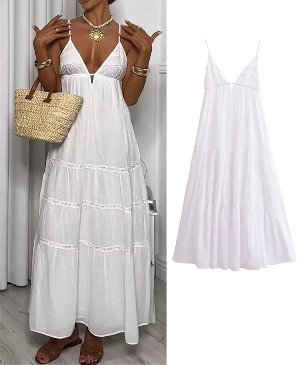 Women's Corset-Lined Lace Dress with Convertible Spaghetti Straps for Beach-to-Dinner Transition