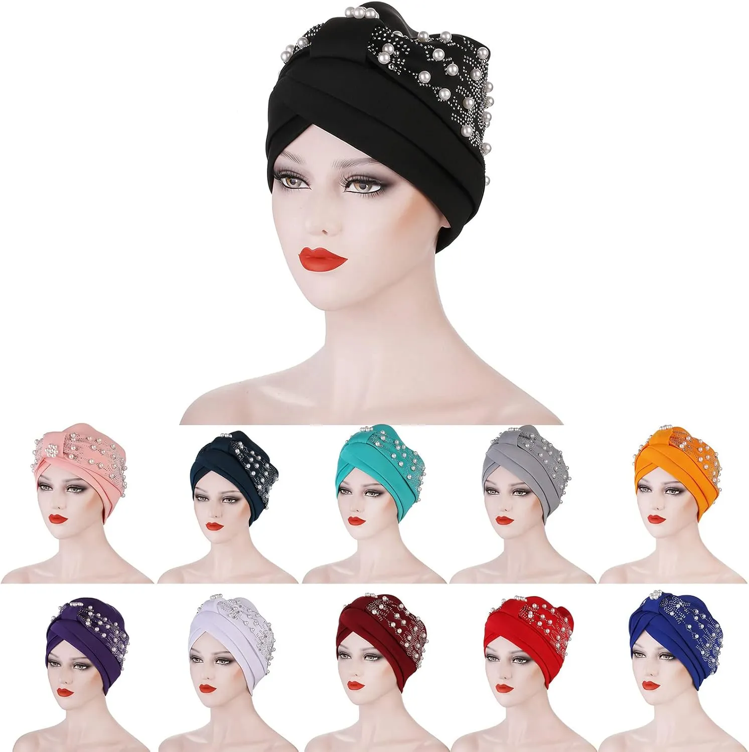 Womens Fashion Solid Color Hot Diamond Pearl Headband Womens Elastic Headband Cap Headband Cap Cute Fall Hats