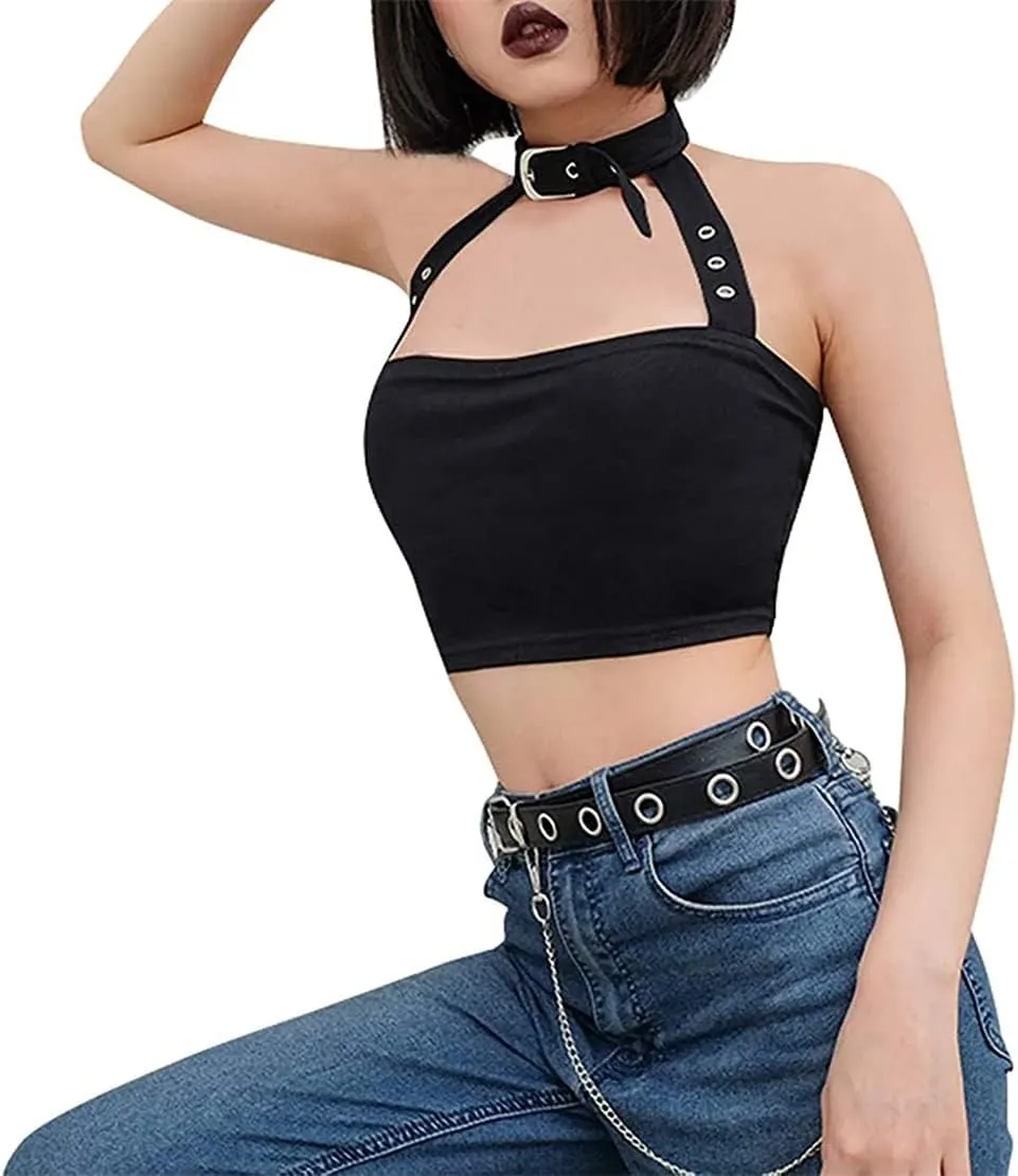 Women's Grunge Goth Tank Top Punk Black Sleeveless Cami Vest Y2k Mall Camisole Steampunk Alt Shirts Tees