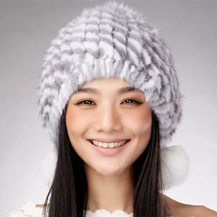 Women's Knitted Real Mink Fur Hat Fur Cap Decoration Beanie Hat 14621