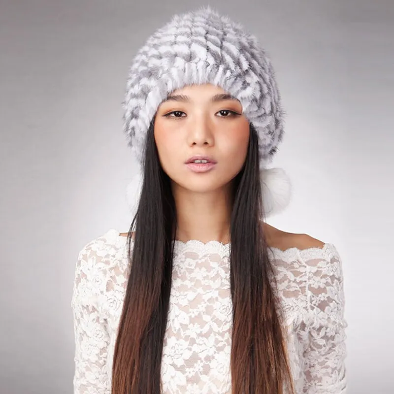 Women's Knitted Real Mink Fur Hat Fur Cap Decoration Beanie Hat 14621