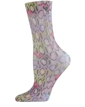Women's Lounge Lizard Print Colorful Fishnet Crew Sock