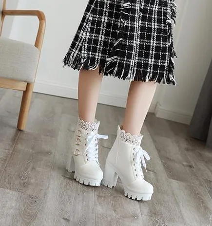 Women's Platform Thick High Heel Lace Up Ankle Boots