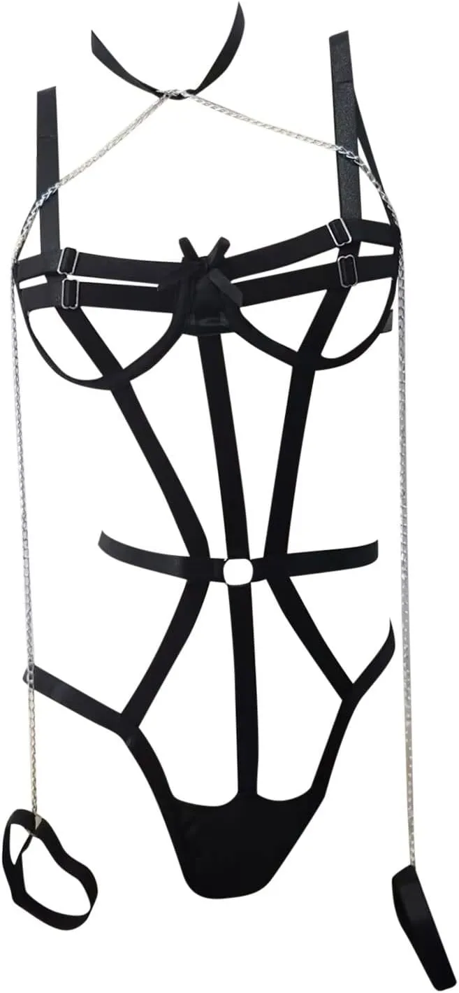 Women's Plus Size Punk Full Body Harness Lingerie Strappy Mesh Teddy Bodysuit Adjustable Buckle Exotic Suspenders Set