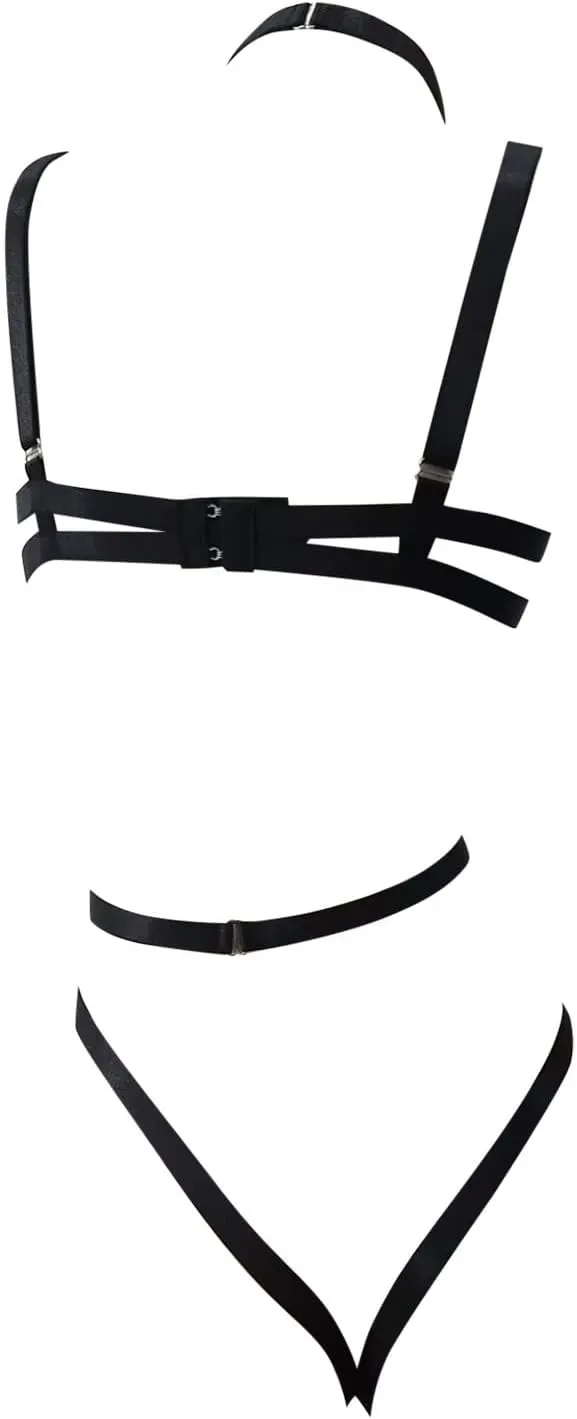 Women's Plus Size Punk Full Body Harness Lingerie Strappy Mesh Teddy Bodysuit Adjustable Buckle Exotic Suspenders Set