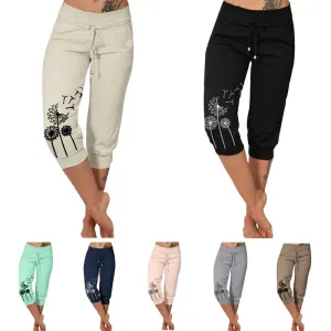 Women's Printed Waist Elastic Drawstring Design Casual Pants