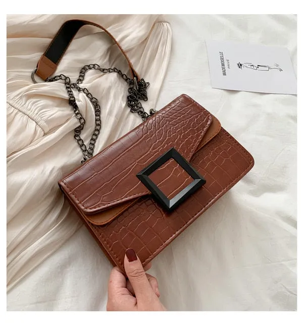 Women's Retro Crocodile Pattern Shoulder Bag – 2025 Autumn Winter Fashion Small Square Crossbody