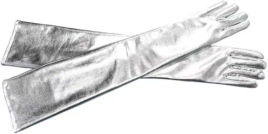 Women's sexy enlarged double long arm gloves with Punk Faux Leather Neck Choker burgundy set, elastic shiny patent leather hot cloth gloves 50cm
