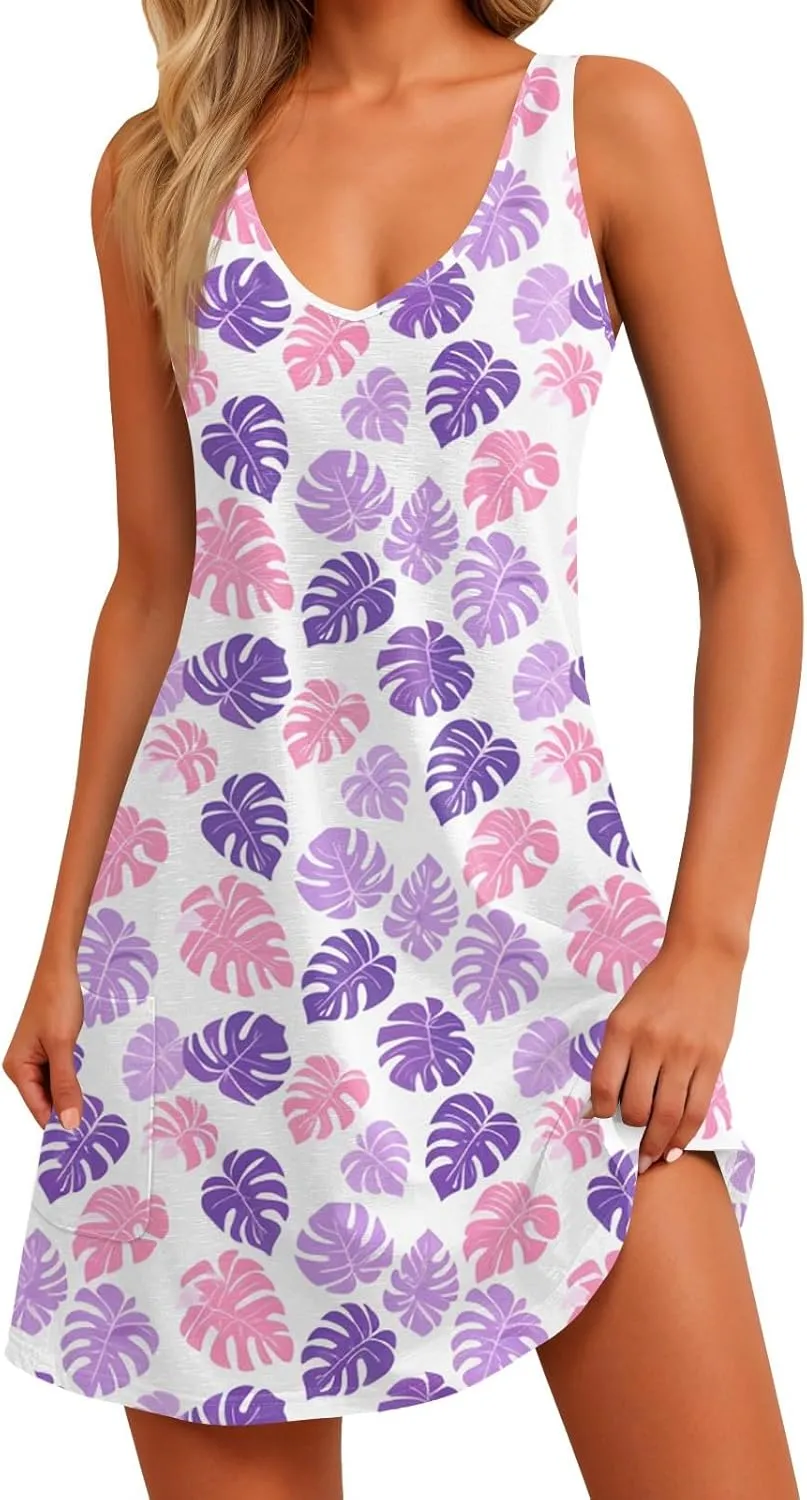 Women's Summer Dresses Vacation Printed Swimsuit Coverup Sleeveless Beach Sundress V Neck 2025 Dress with Pocket