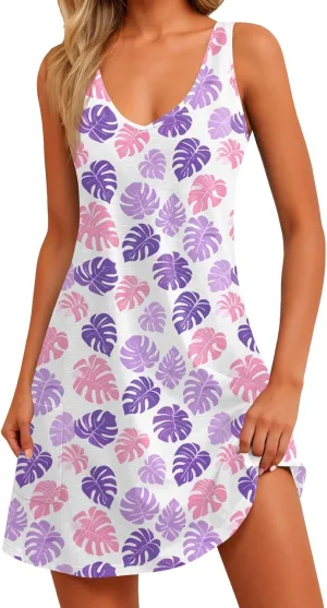 Women's Summer Dresses Vacation Printed Swimsuit Coverup Sleeveless Beach Sundress V Neck 2025 Dress with Pocket