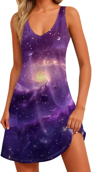 Women's Summer Dresses Vacation Printed Swimsuit Coverup Sleeveless Beach Sundress V Neck 2025 Dress with Pocket