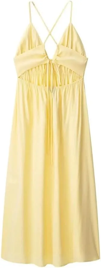 WomenS Summer Elegant Halter Midi Dress Low-Cut Backless Design with Adjustable Tie-Up Ruched Corset Bodice