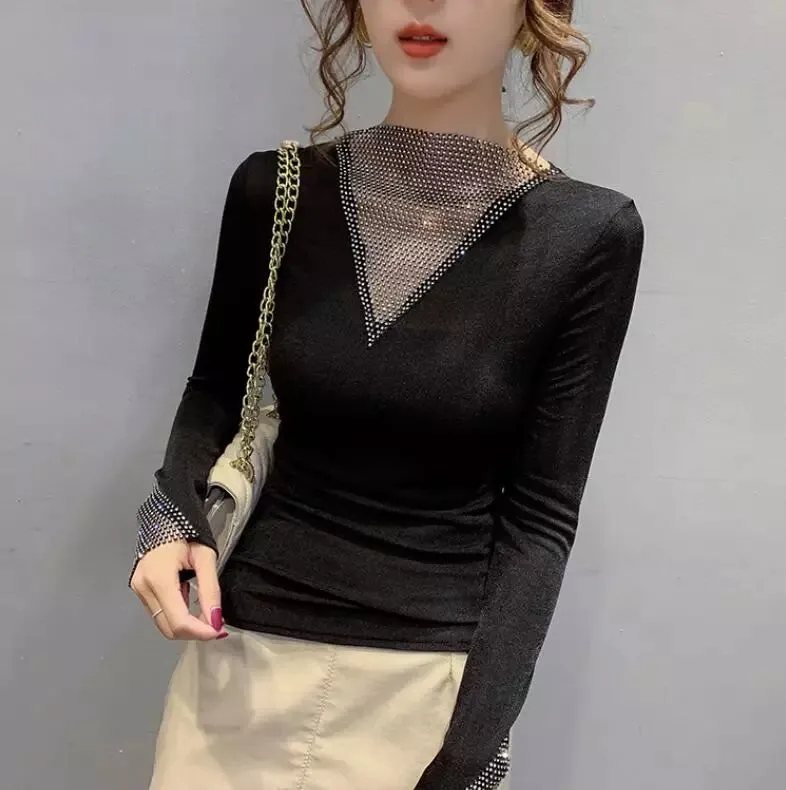 Women's V-Neck Long Sleeve Shiny T-Shirt Korean Style Top R2446