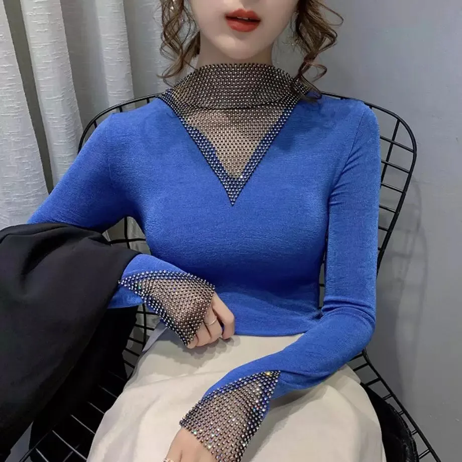 Women's V-Neck Long Sleeve Shiny T-Shirt Korean Style Top R2446