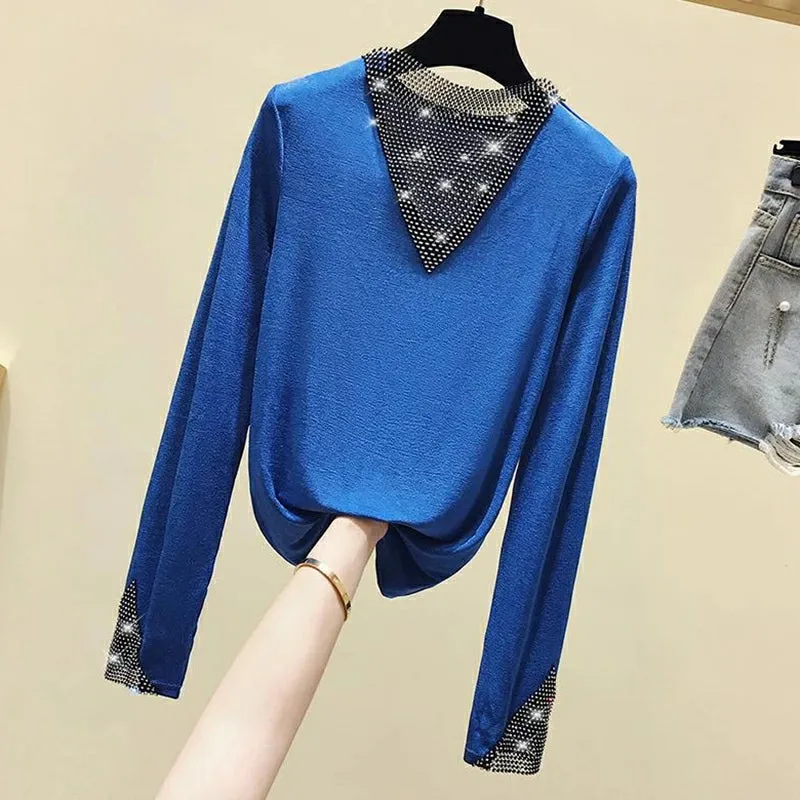 Women's V-Neck Long Sleeve Shiny T-Shirt Korean Style Top R2446