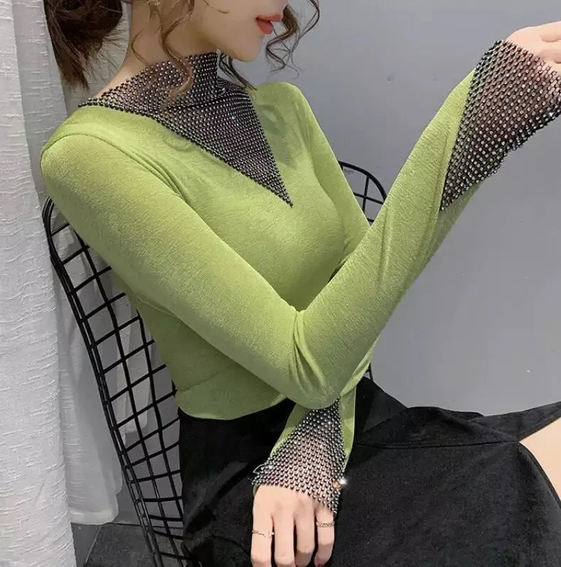 Women's V-Neck Long Sleeve Shiny T-Shirt Korean Style Top R2446