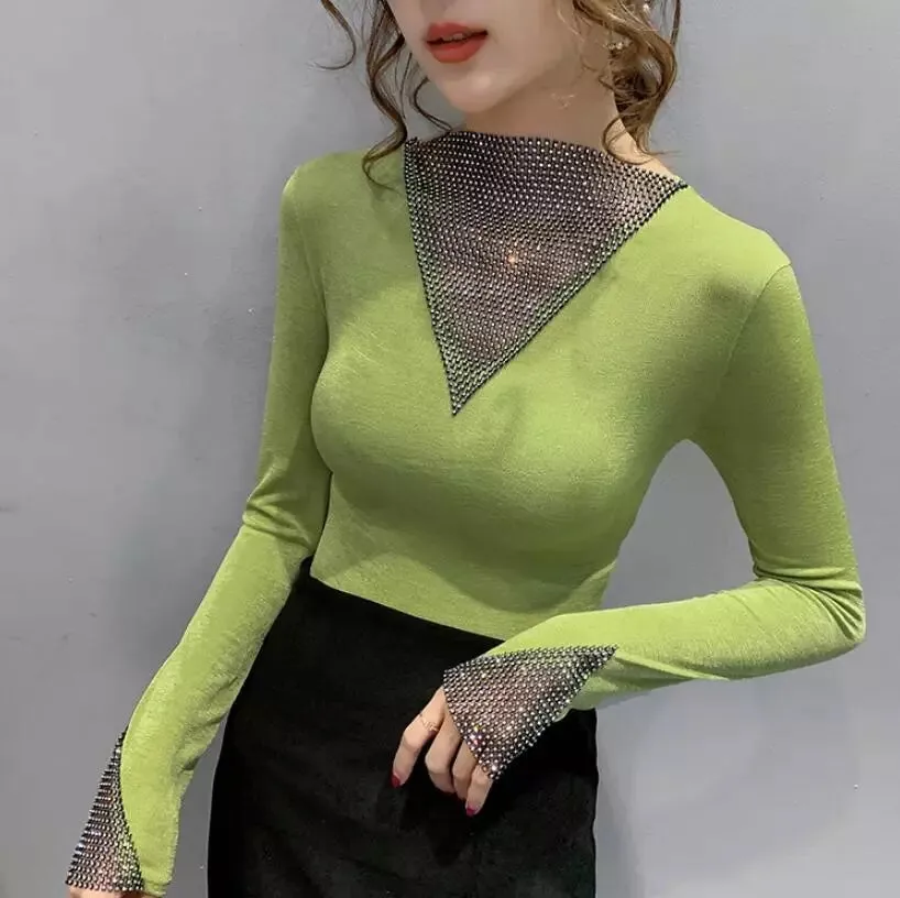 Women's V-Neck Long Sleeve Shiny T-Shirt Korean Style Top R2446