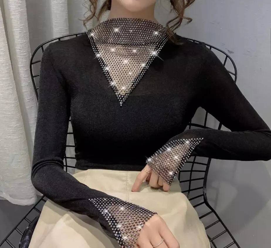 Women's V-Neck Long Sleeve Shiny T-Shirt Korean Style Top R2446