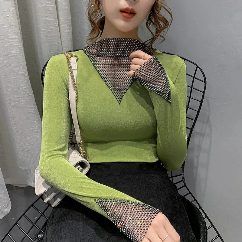 Women's V-Neck Long Sleeve Shiny T-Shirt Korean Style Top R2446