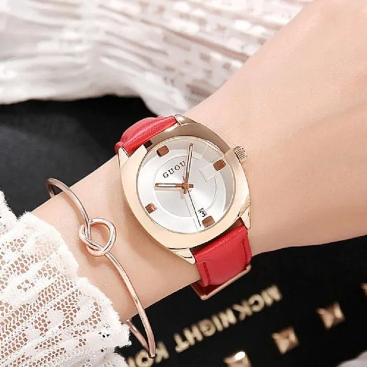 Women's Watch coffee color oval calendar dial leather strap quartz simple watch