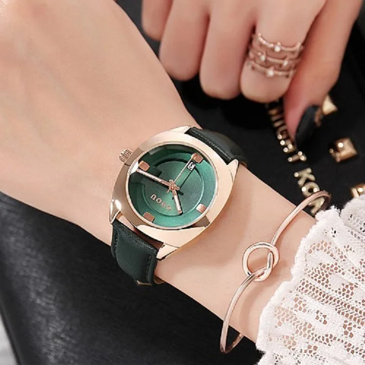 Women's Watch coffee color oval calendar dial leather strap quartz simple watch