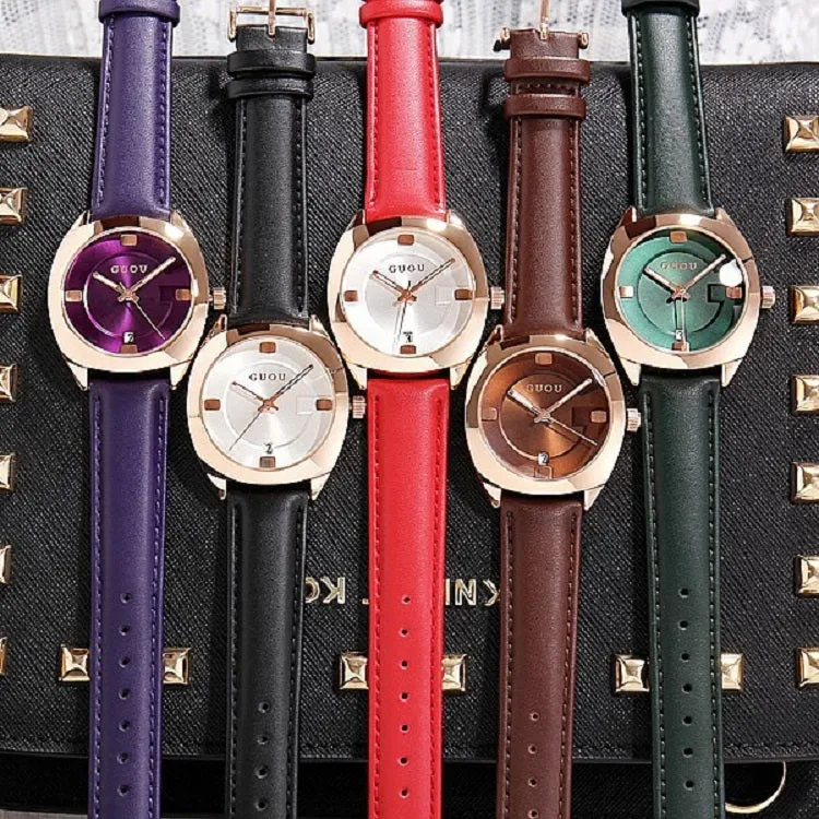Women's Watch coffee color oval calendar dial leather strap quartz simple watch