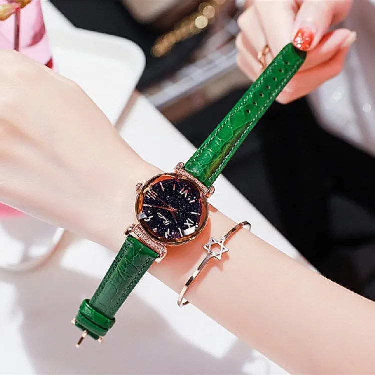 Women's Watch diamond black starry sky dial leather strap elegant watch